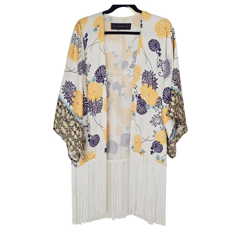 Zara Satin Fringe Kimono Size M Open Front Tulum Bohemian Boho Hippie Festival - Picture 4 of 11